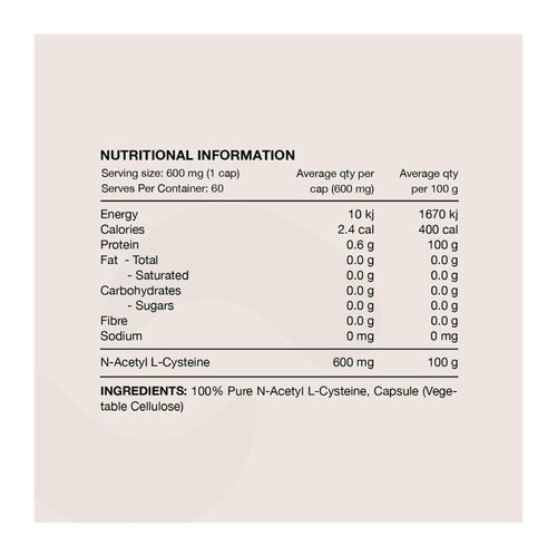 NAC Capsules By Switch, nutrition information panel