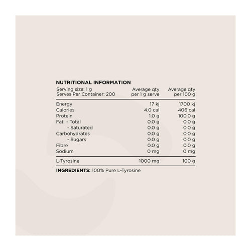 Switch Tyrosine, nutrition information panel