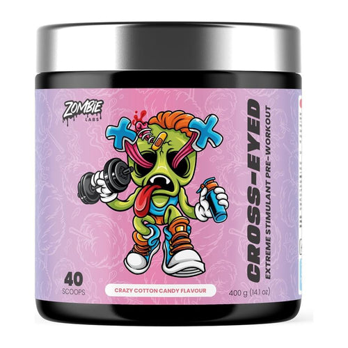 Zombie Labs Cross-Eyed Extreme Stimulant Pre-Workout 40 Serves, Crazy Cotton Candy tub front