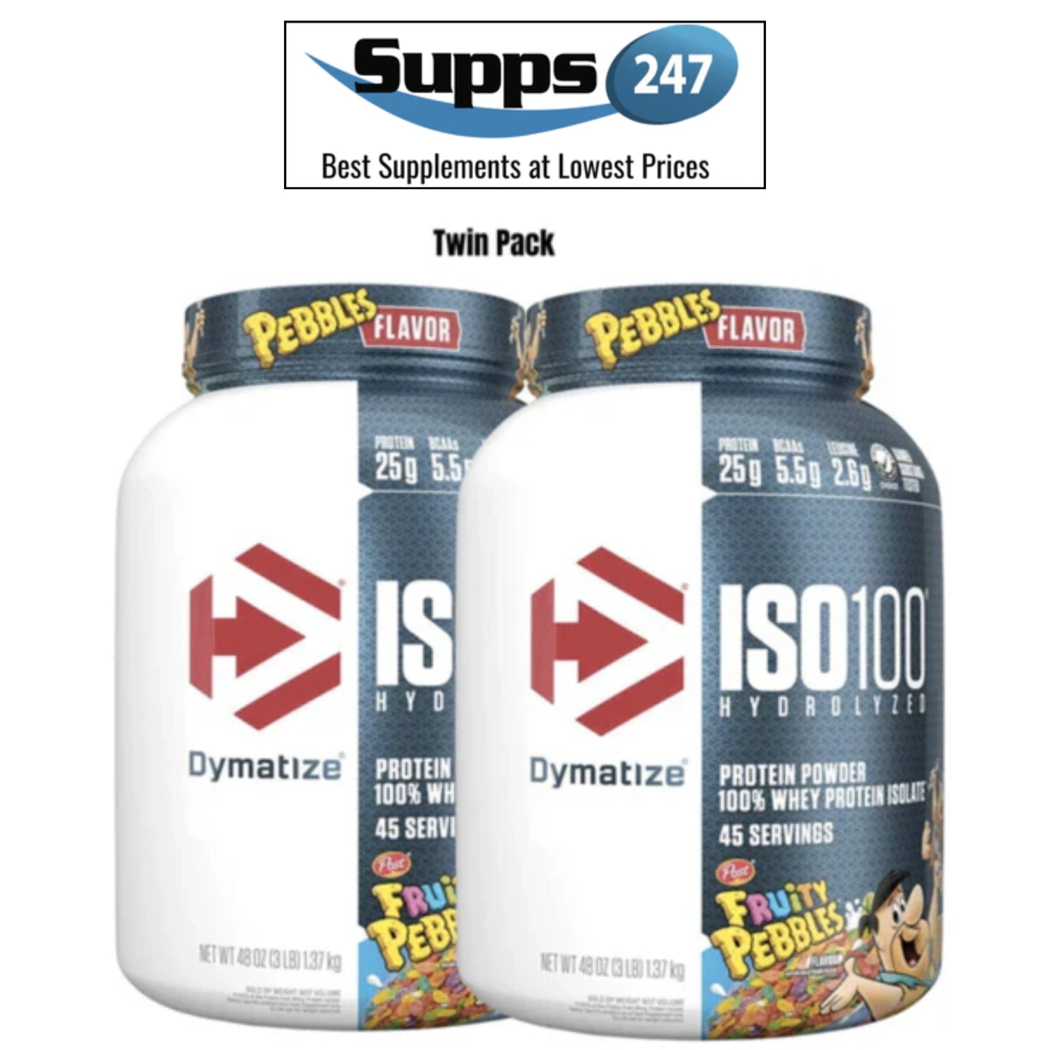 Elevate Your Fitness Game with ISO 100 Hydrolyzed WPI 3lbs Twin Pack by Dymatize in Fruity Pebbles Flavor, Exclusively at Supps247.
