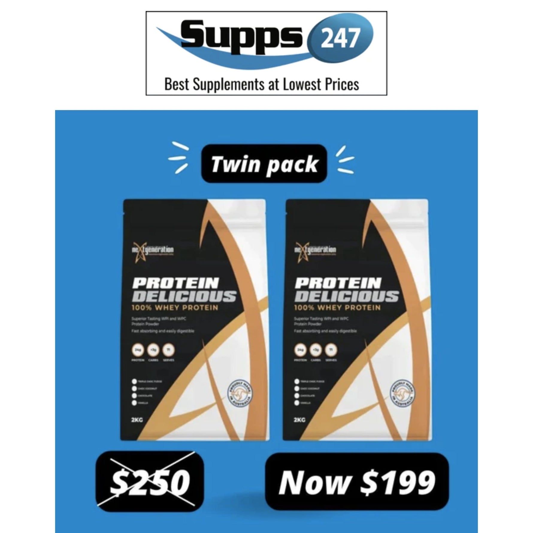Next Generation Protein Delicious 2 Kg Twin Pack: Unbeatable Offer at Supps247 for Just $199.