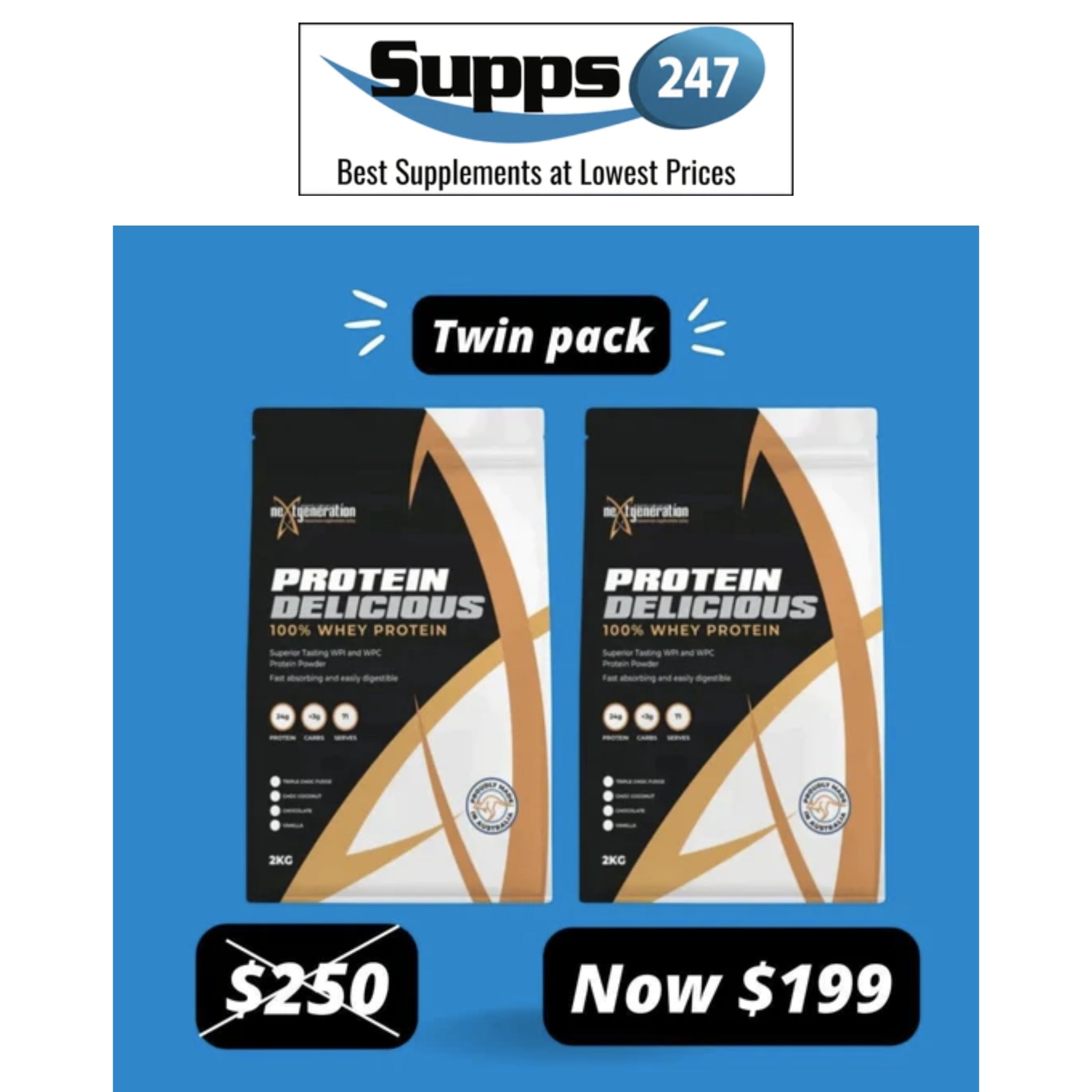 Next Generation Protein Delicious 2 Kg Twin Pack: Unbeatable Offer at Supps247 for Just $199.