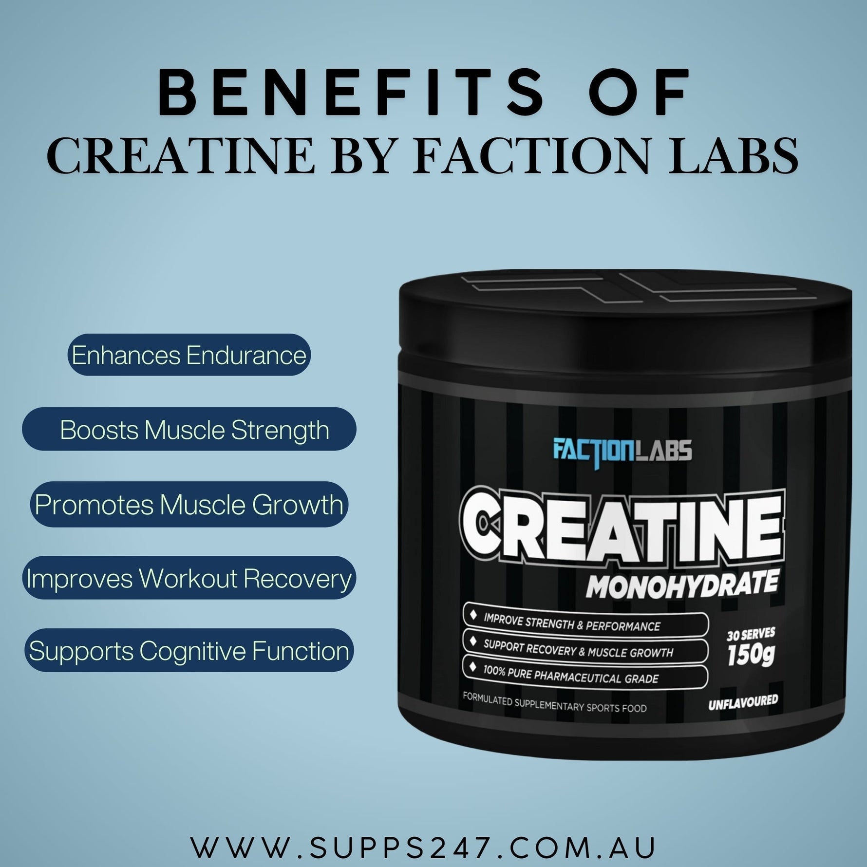 Benefits of Creatine Monohydrate by Faction Labs.
