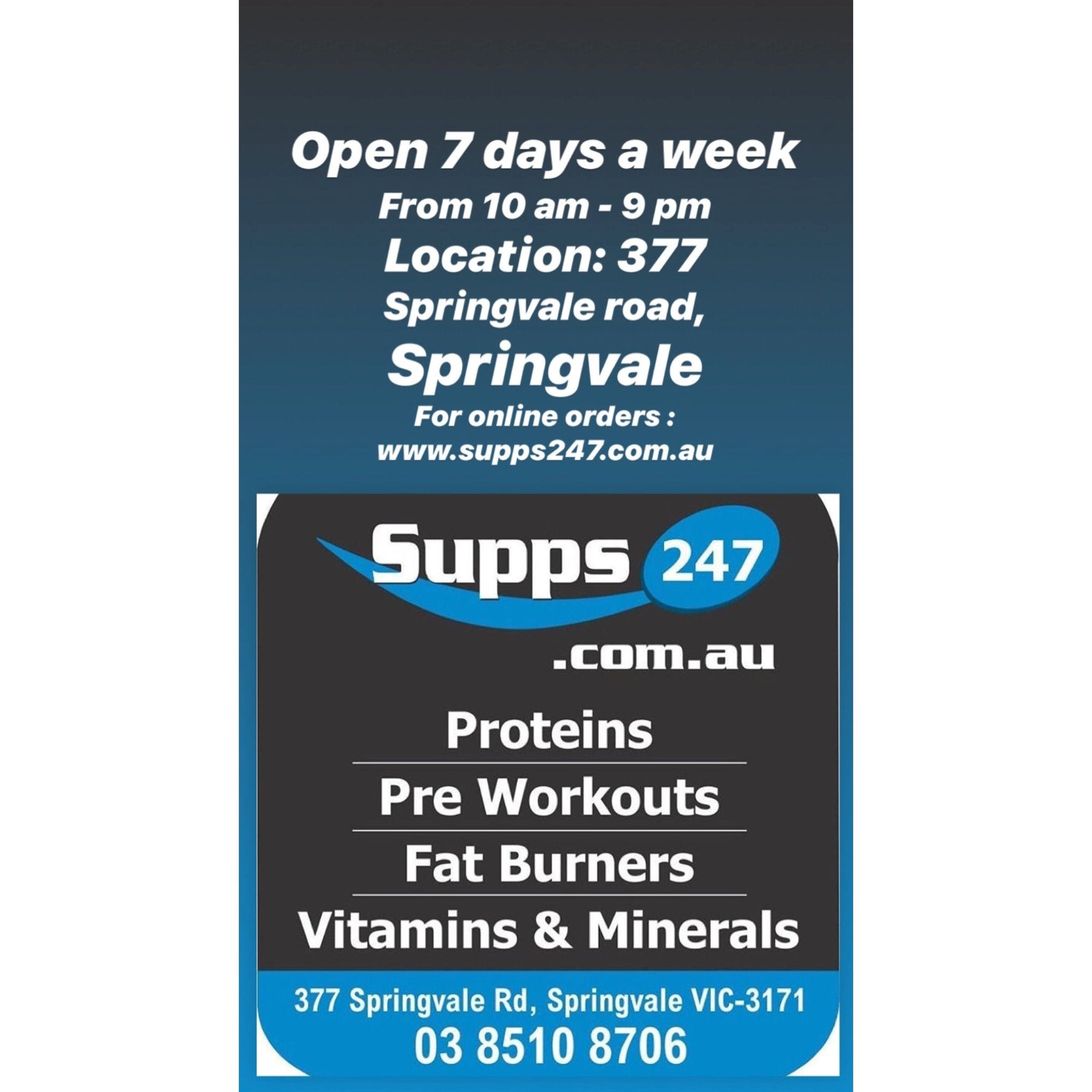 Supps247 Springvale: Your One-Stop Shop for Protein, Vitamins, and Health Supplements.