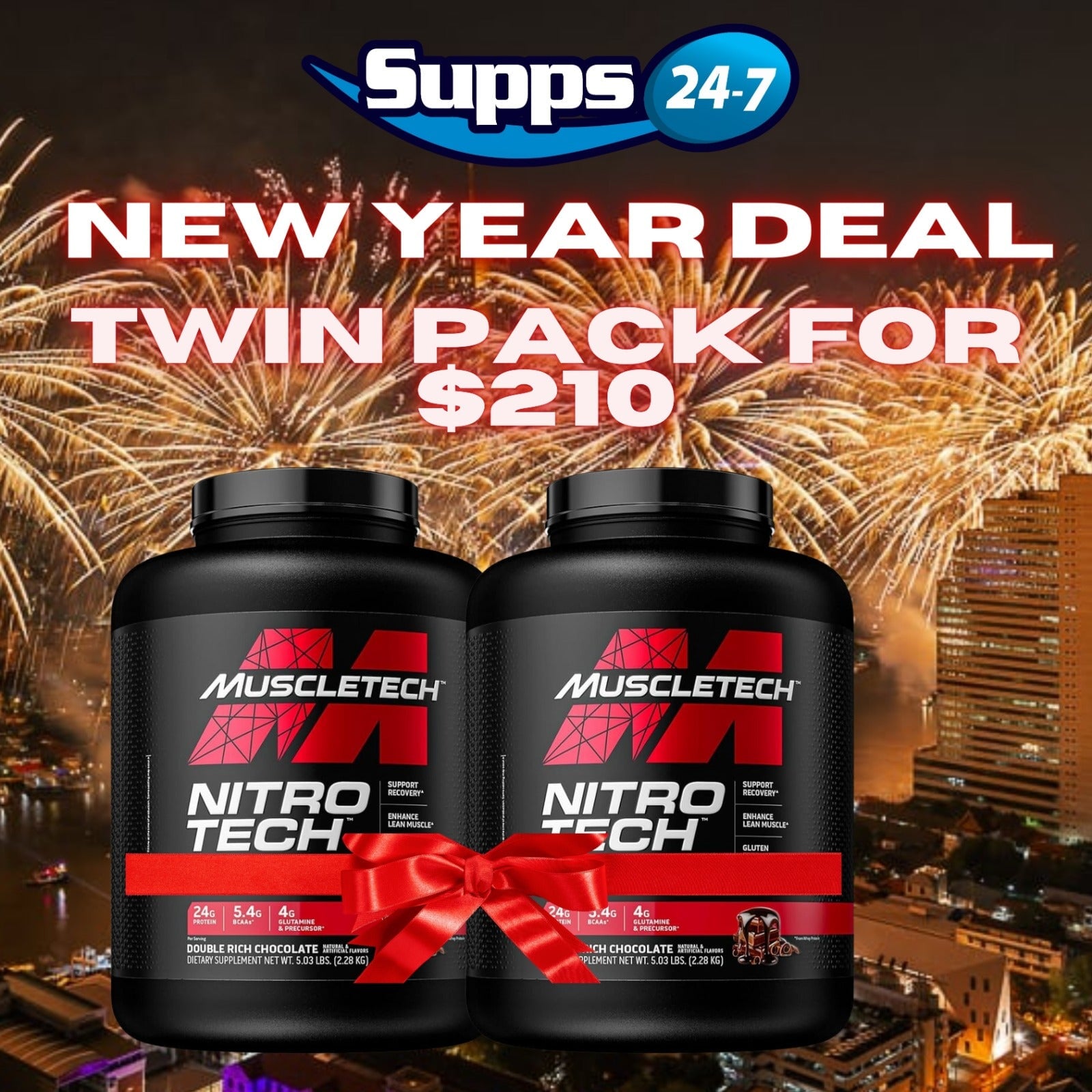 Muscletech NitroTech Whey Protein Twin Pack: Supercharge Your Muscle Gains with Supps247's New Year Deal.