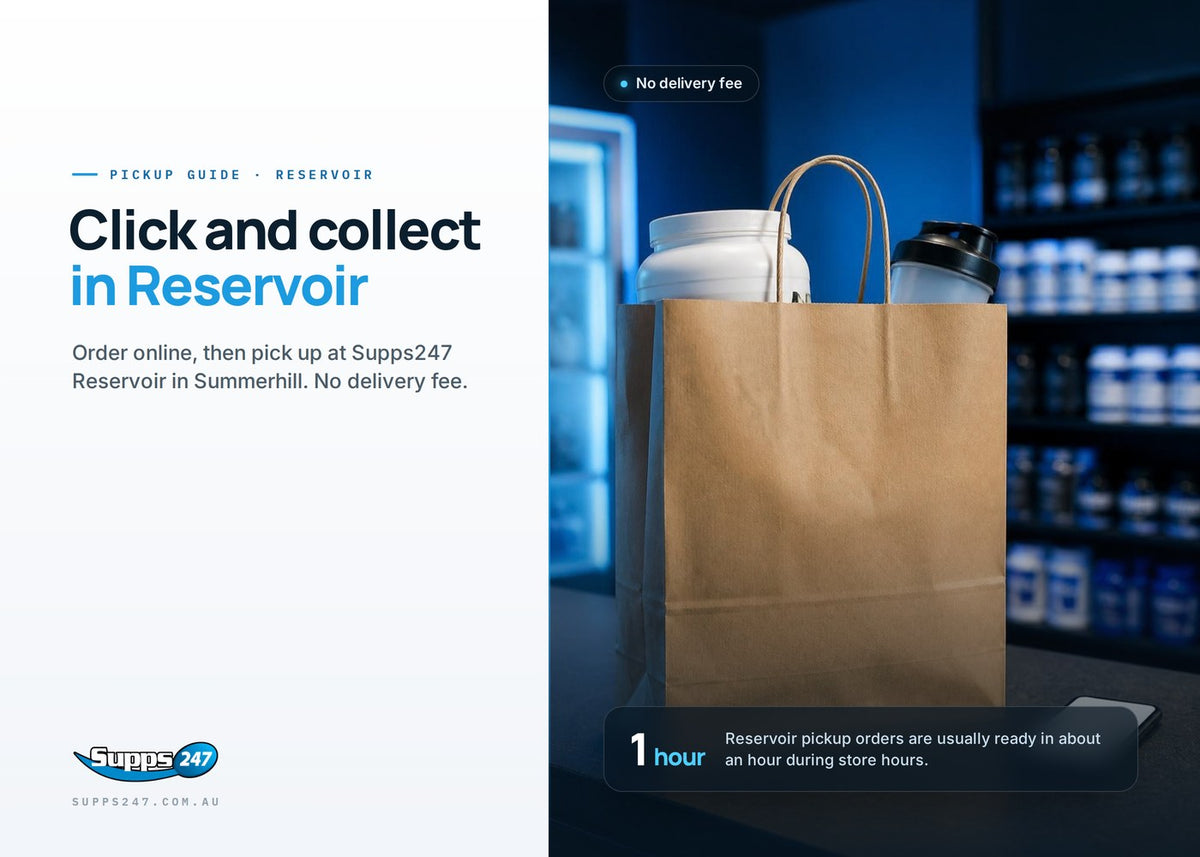 Click and collect supplements in Reservoir: paper bag with a tub and shaker