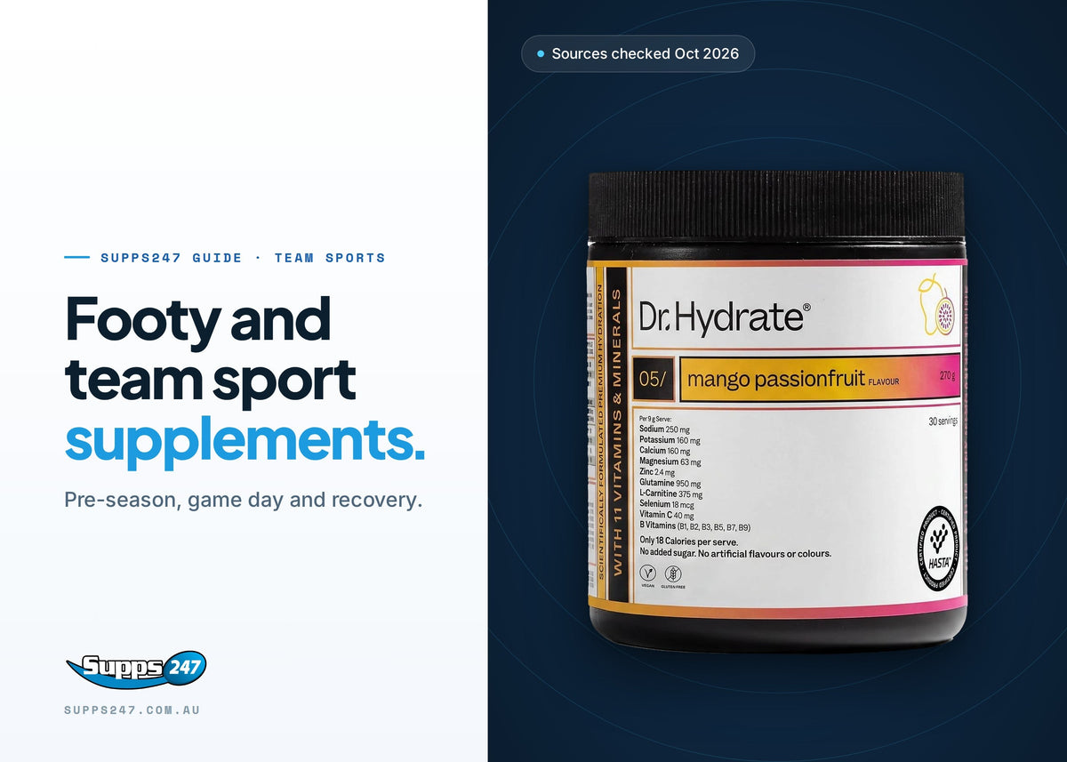 Supplements for Footy and Team Sports: Pre-Season, Game Day and Recovery, Supps247 guide cover