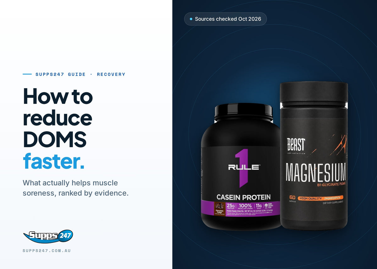 How to Reduce DOMS (Muscle Soreness) Faster, Supps247 guide cover