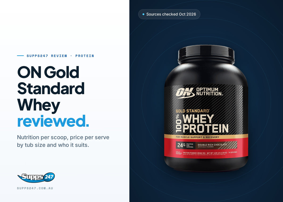 Optimum Nutrition Gold Standard Whey Review (Australia): Flavours, Price per Serve and Who It Suits, Supps247 guide cover