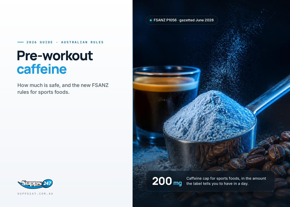 Scoop of pre-workout powder with espresso and coffee beans, caffeine guide