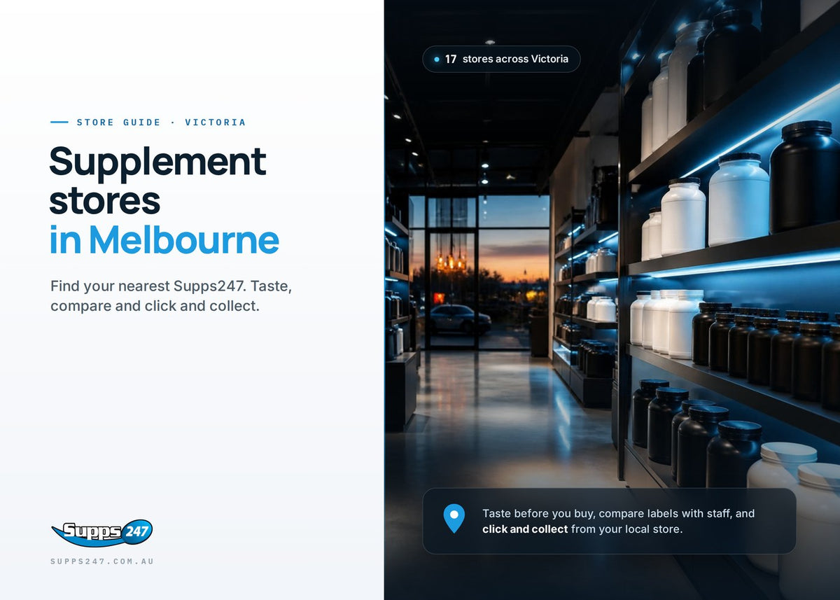 Supplement store shelves lit in blue, Supps247 store guide for Melbourne
