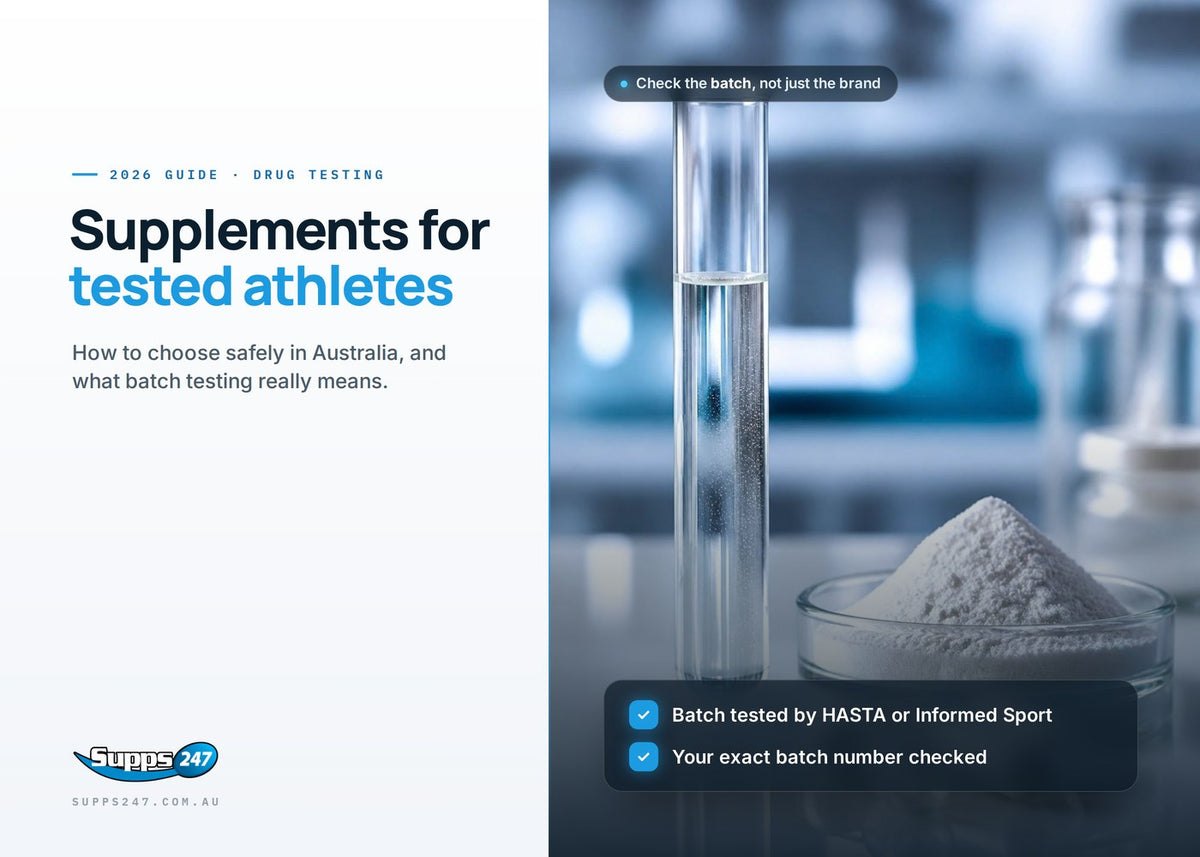 Lab test tube and supplement powder, guide to supplements for drug-tested athletes