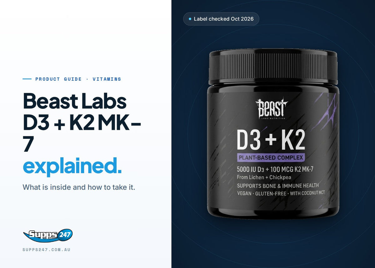 Beast Labs Nutrition D3 + K2 MK-7 softgels: dose per softgel, NHMRC limits and who should check first
