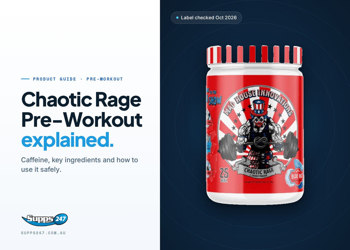 Chaotic Rage pre-workout tub by Mad House Innovations, with a guide to caffeine, synephrine and safe use