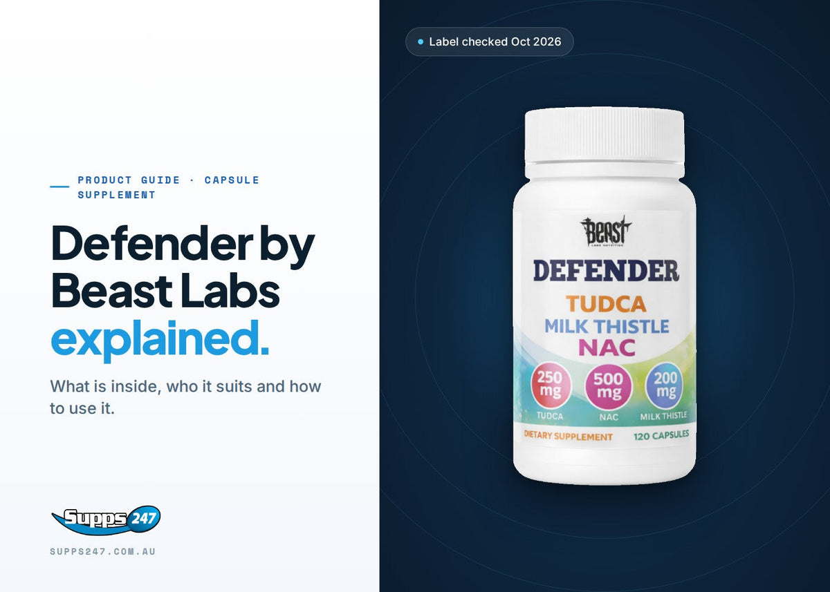 Defender by Beast Labs 120-capsule bottle: guide to NAC, TUDCA and milk thistle per serve and who should check first