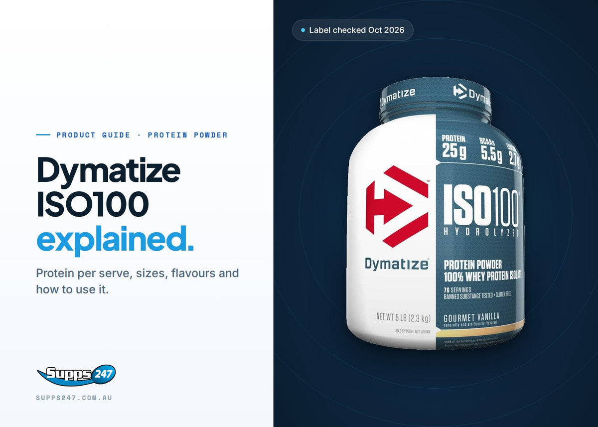 Dymatize ISO100 whey protein isolate tub, with a guide to protein per scoop, flavours and allergens