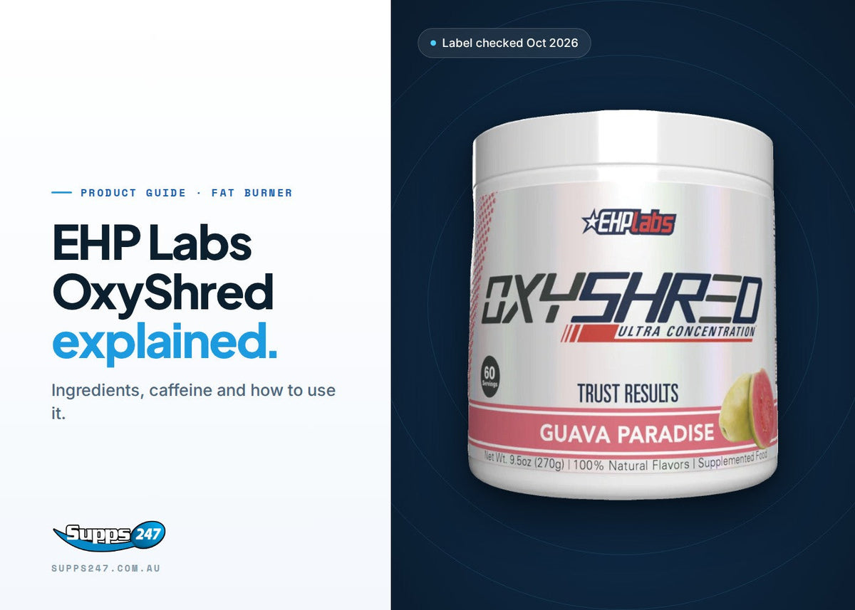 EHP Labs OxyShred tub with a guide to its 150 mg caffeine per scoop, ingredients, directions and who it suits