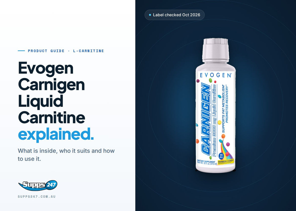 Evogen Carnigen liquid carnitine bottle: carnitine per 15 mL serve, directions and who it suits