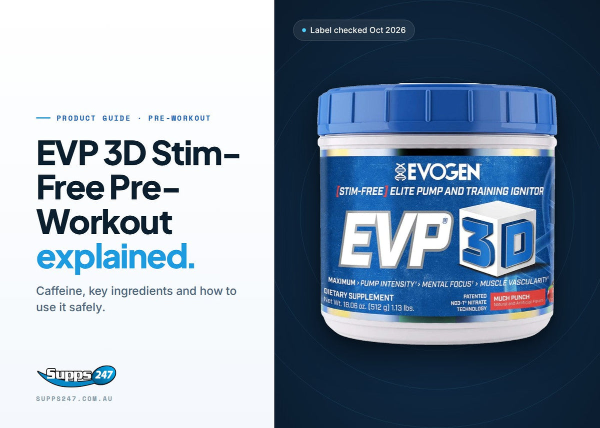 EVP 3D Stim-Free Pre-Workout by Evogen tub: guide to ingredients per scoop, how to use it and who it suits