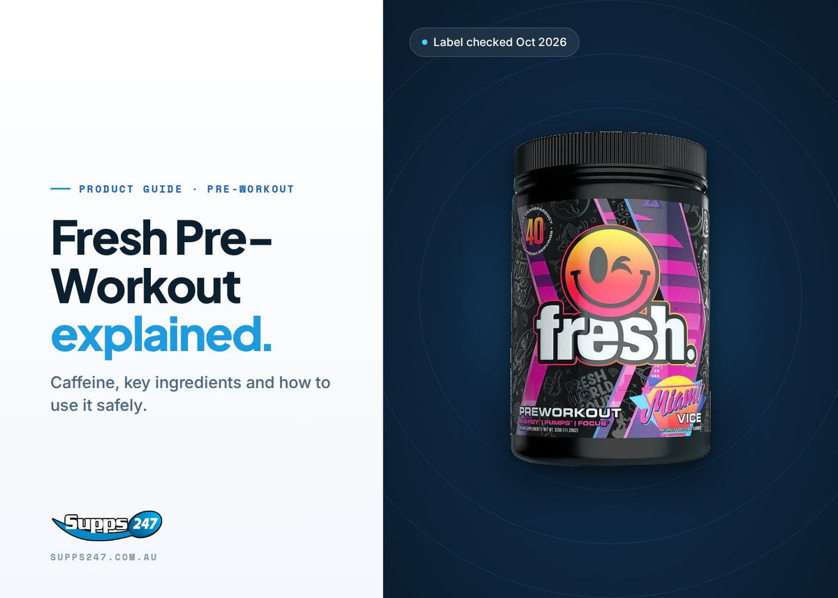 Fresh Pre-Workout tub by Fresh Supps, with a guide to caffeine per scoop, dosing and key ingredients