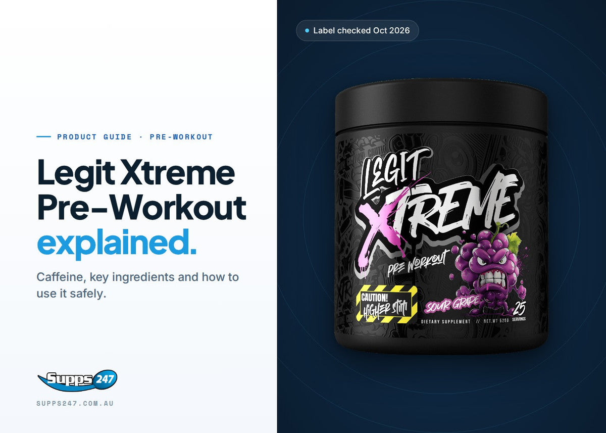 Legit Xtreme Pre-Workout tub with a guide to its caffeine per scoop, key ingredients and safe use