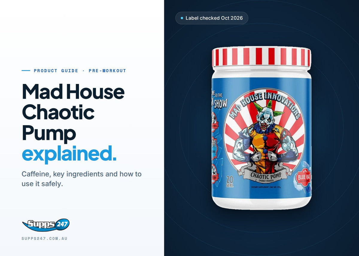 Mad House Innovations Chaotic Pump tub: ingredients per scoop, caffeine content, how to use and who it suits