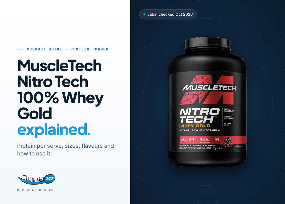 MuscleTech Nitro Tech 100% Whey Gold tub: Australian label facts, serves per size and how to use it