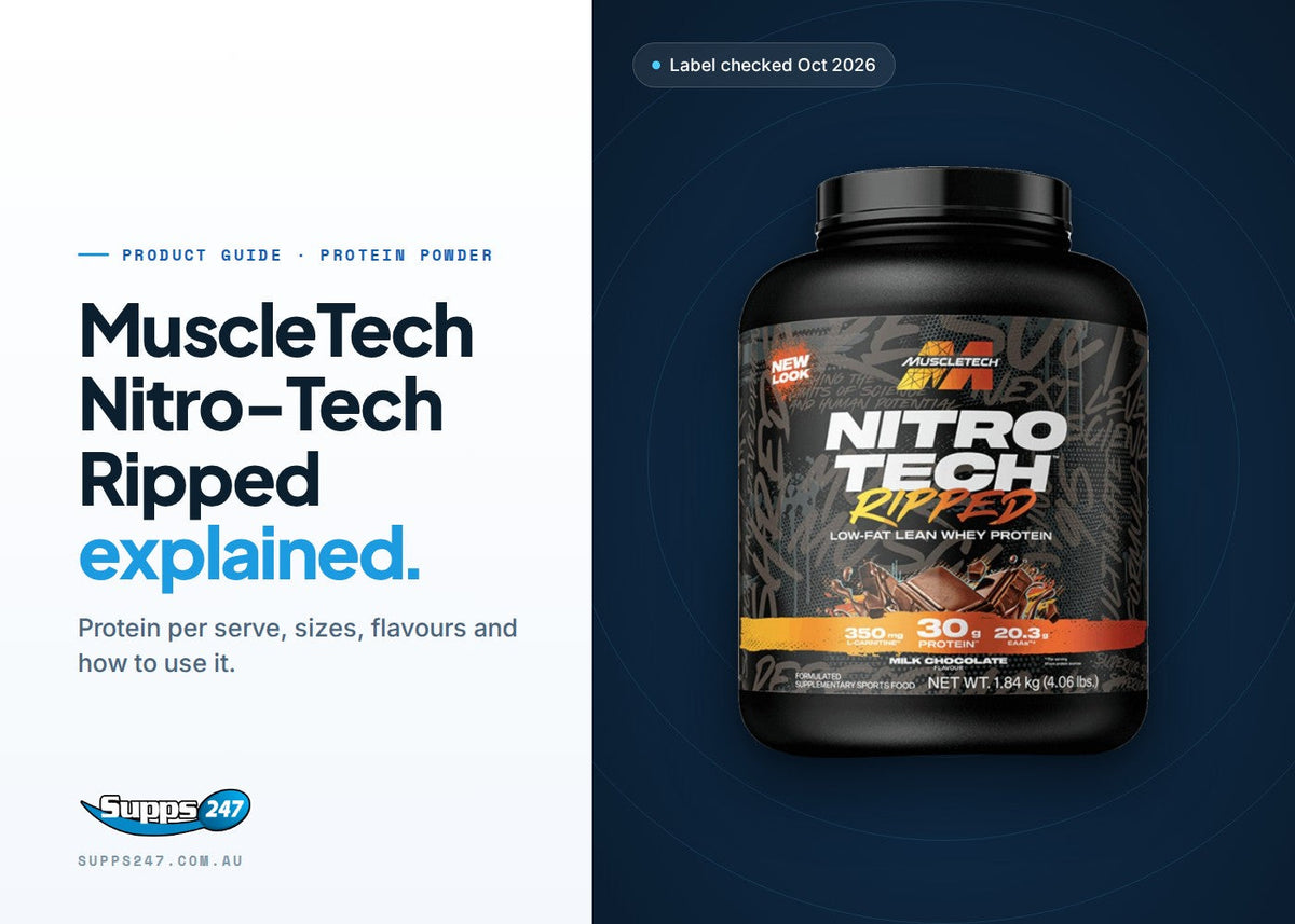 MuscleTech Nitro-Tech Ripped whey protein tub: protein per scoop, ingredients, how to use and who it suits