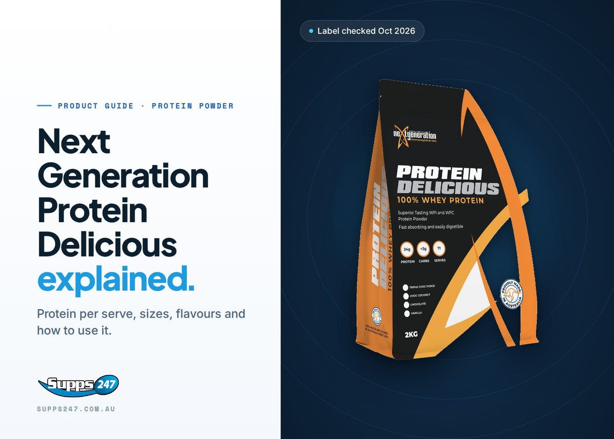 Next Generation Protein Delicious whey protein with a guide to protein per serve, flavours and directions