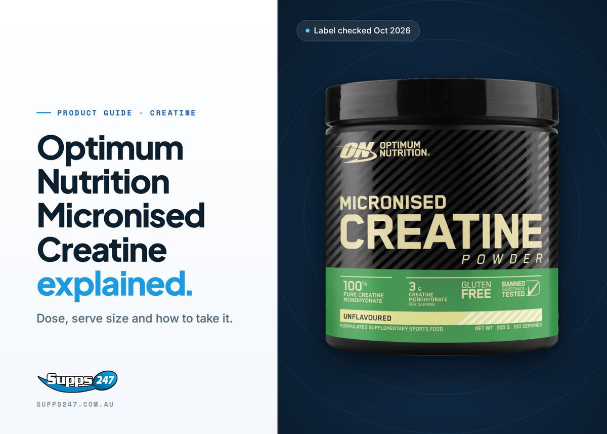 Optimum Nutrition Micronised Creatine Powder tub, with a guide to the 3 g serve, tub sizes and daily use
