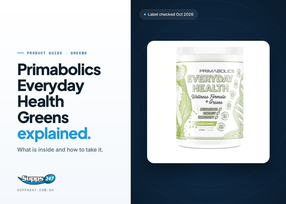 Primabolics Everyday Health Wellness Formula + Greens tub, guide to ingredients, vitamin amounts and how to use it