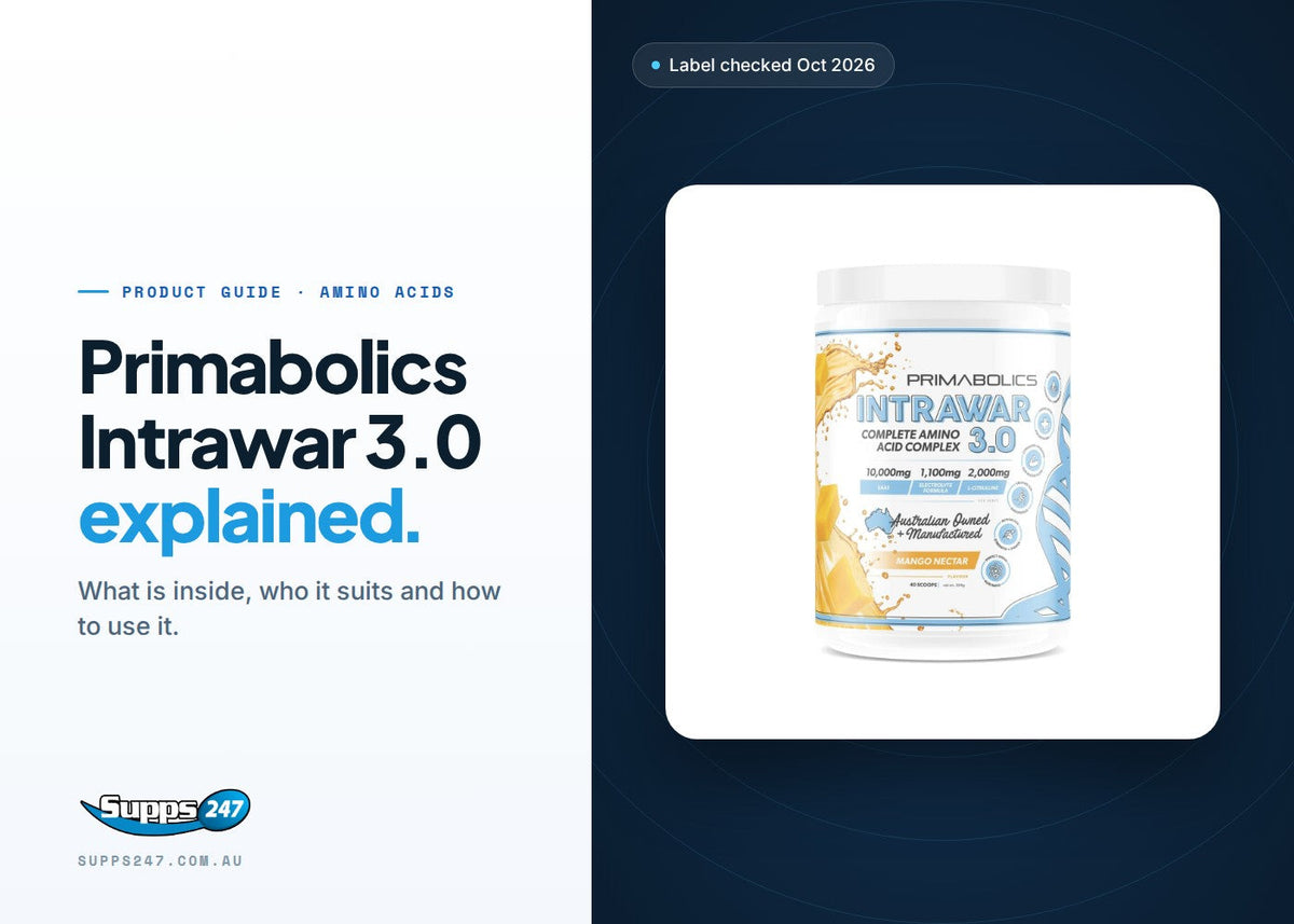 Primabolics Intrawar 3.0 tub, with a guide to its amino acids, electrolytes, serve size and how to use it
