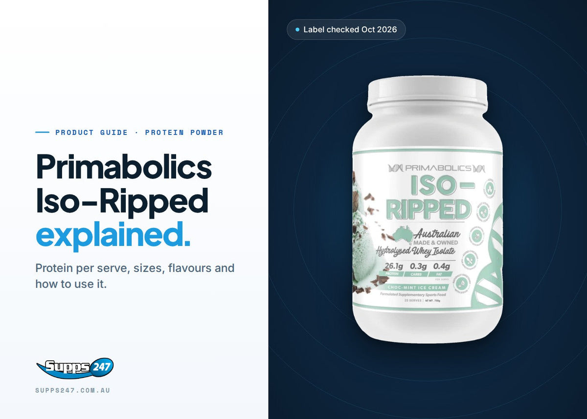 Primabolics Iso-Ripped protein tub with a guide to protein per scoop, ingredients, directions and allergens
