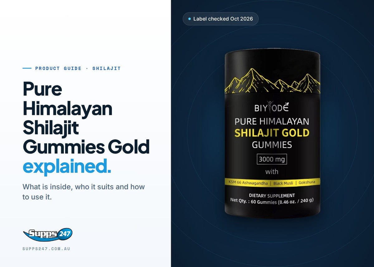 BIYODE Pure Himalayan Shilajit Gummies Gold jar: shilajit extract per serve, ingredients and who should check first