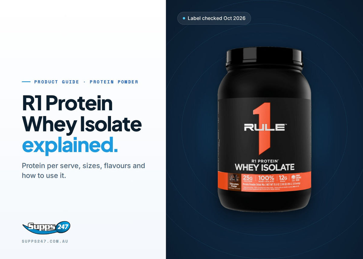 R1 Protein Whey Isolate by Rule 1: guide to protein per scoop, 2 lb, 5 lb and 10 lb sizes, flavours and who it suits