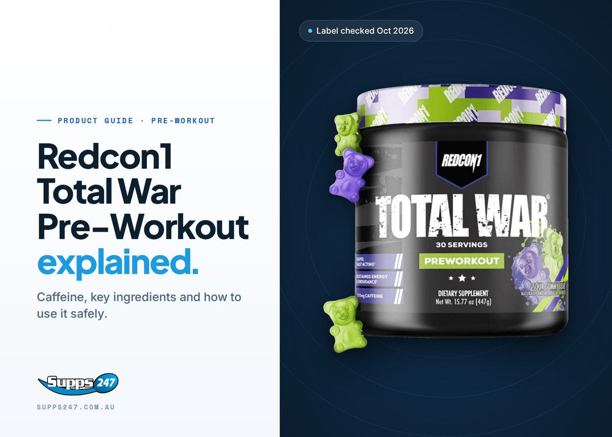 Redcon1 Total War Pre-Workout tub, guide to caffeine per scoop, ingredients and how to start with half a scoop