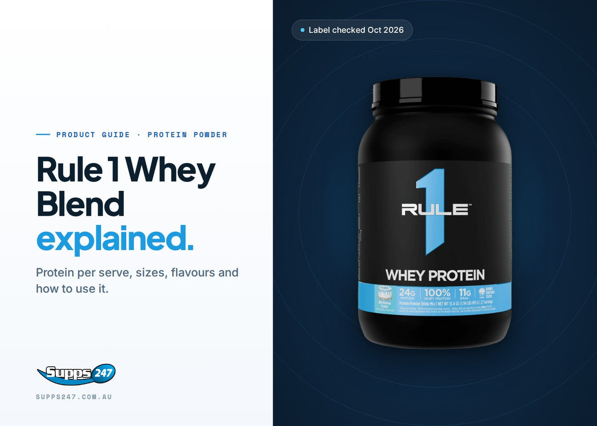 Rule 1 Whey Blend protein tub: guide to protein per scoop, serves per size, flavours and who it suits