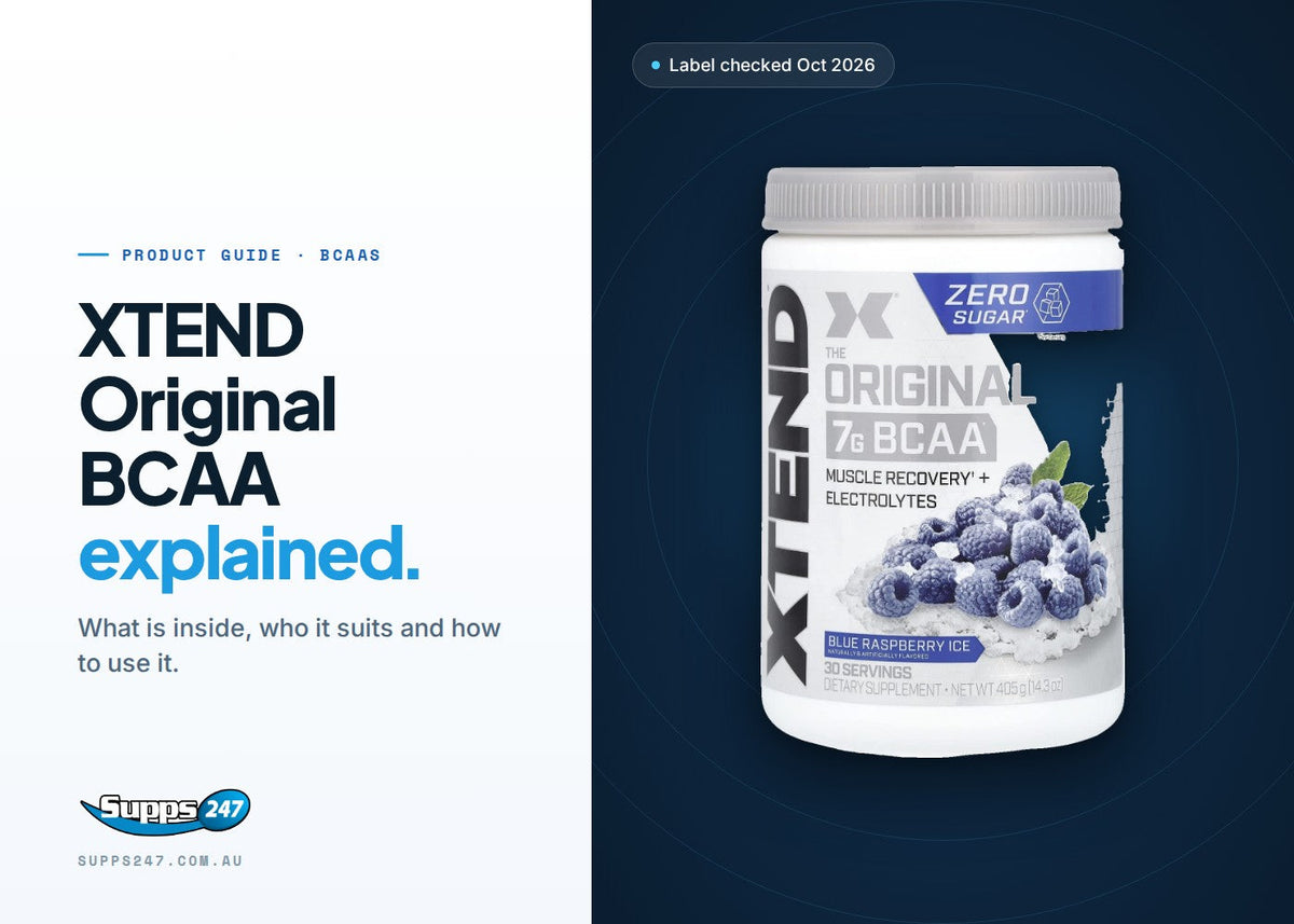 XTEND Original BCAA tub with a guide to its 7 g BCAAs, electrolytes, directions and who it suits