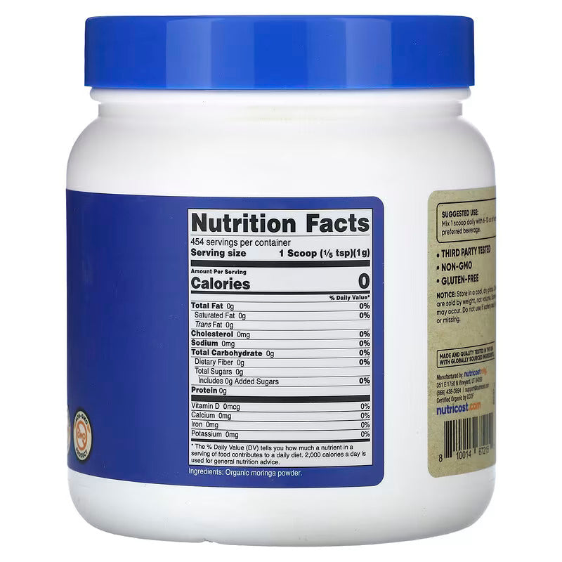 Organic Moringa, Unflavoured 454 g By Nutricost - Image 2