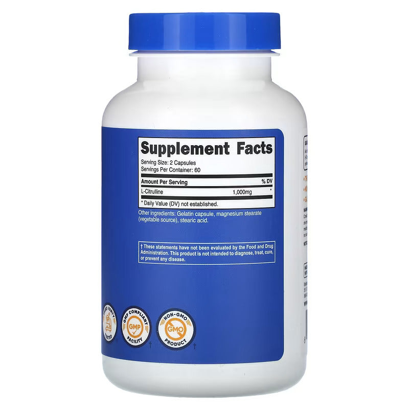 L-Citrulline, 1,000mg, 120 Capsules By Nutricost - Image 2