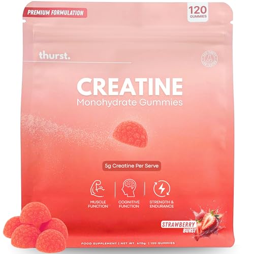 Creatine Monohydrate Gummies for Men & Women, 5g Creatine Per Serving | Enhanced Muscle Growth, Strength, Focus and Recovery, Low Calorie, Sugar Free, No Artificial Colours - Strawberry Burst Flavour 120 Gummies by Thurst – Supports strength, power output, and muscle performance during training. | Supps247 Australia