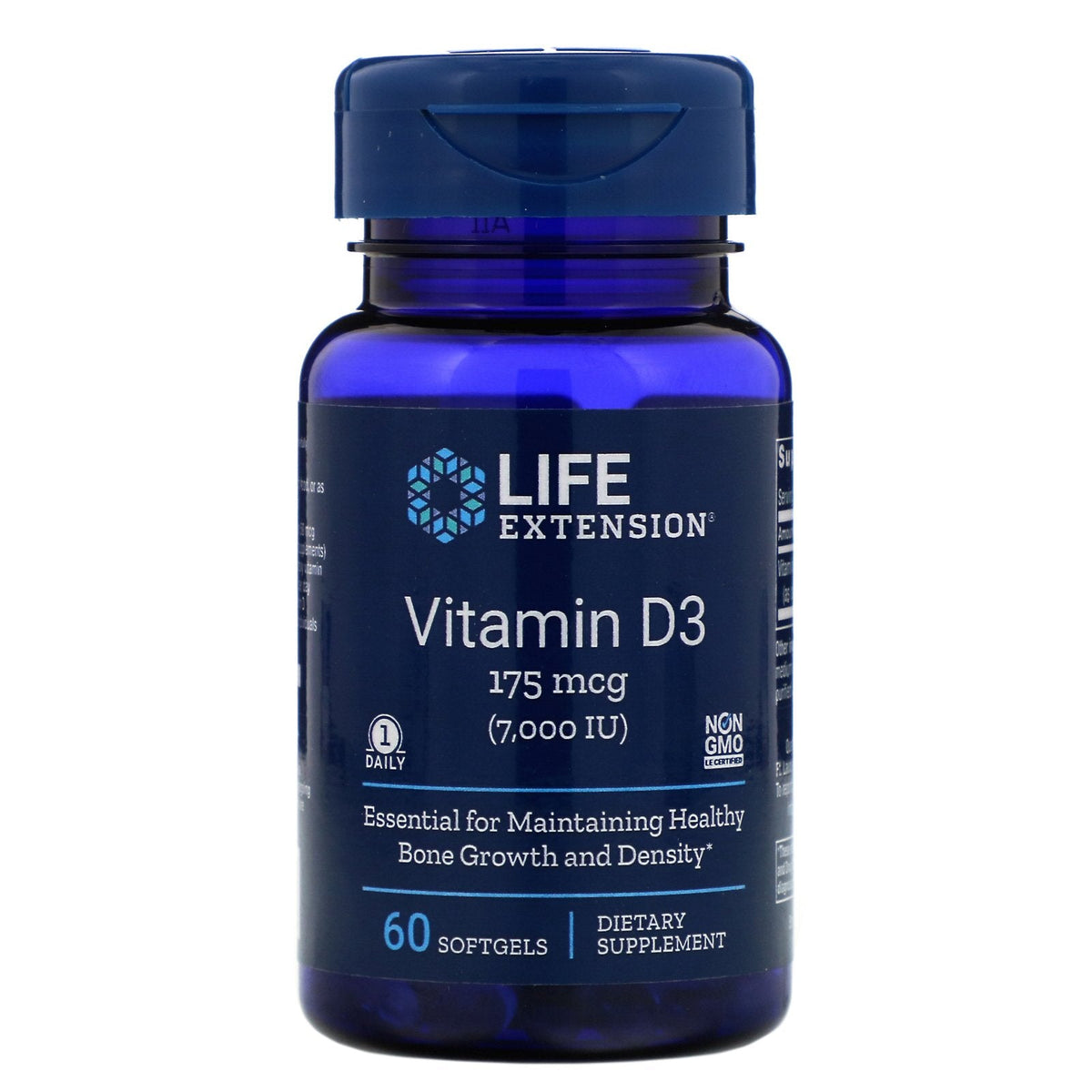 Life Extension, Vitamin D3, 175 mcg (7,000 IU) 60 Softgels - Image 1