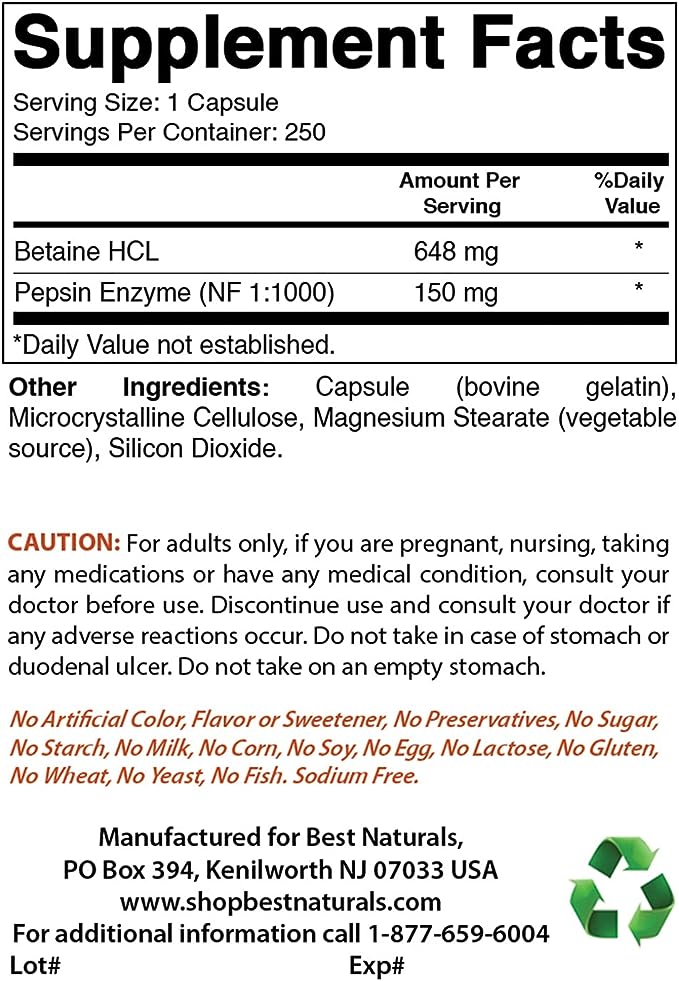 Best Naturals Betaine HCL 648mg 250 Capsules General Not specified  - Image 2