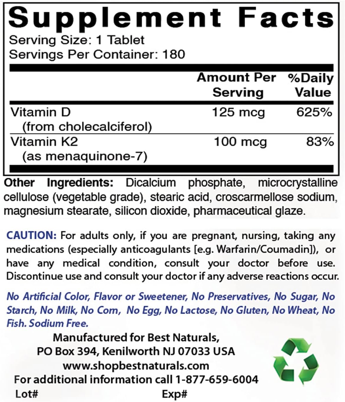 Best Naturals Vitamin K2 (MK7) with d3 5000 General Not specified 