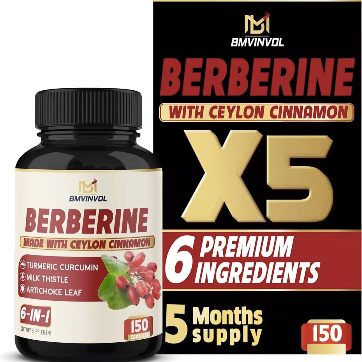 Berberine with Ceylon Cinnamon and Turmeric by BMVINVOL 4700 mg berberine SUPPS247 150 count 