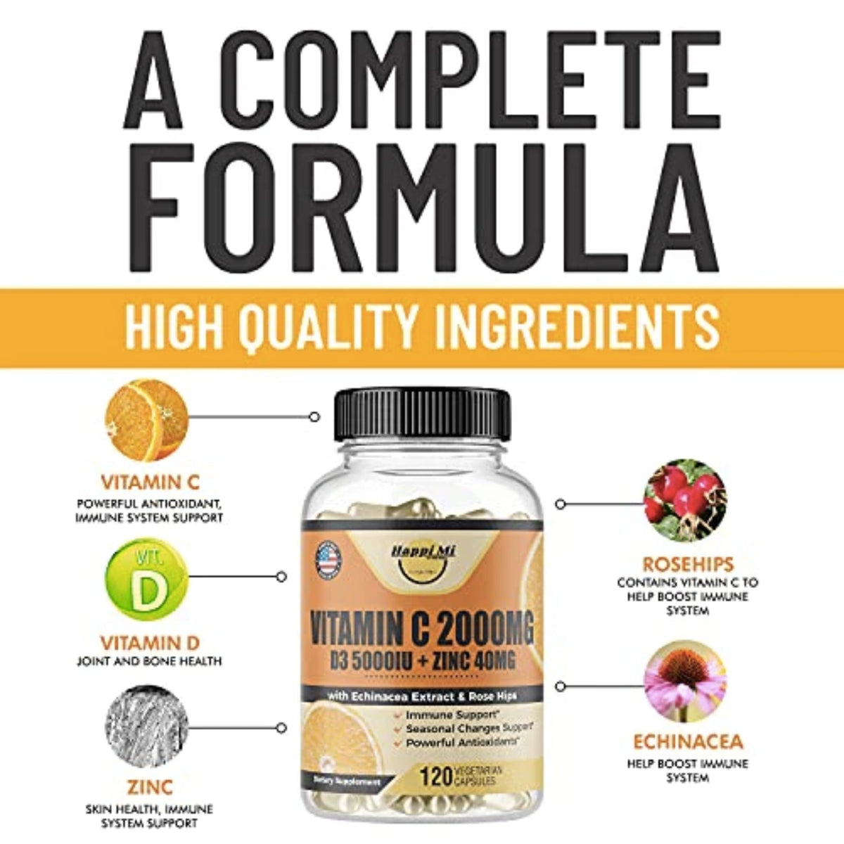 Happi Mi Nutrition’s Vitamin C 2000mg D3 & Zinc Vitamins SUPPS247  - Image 3