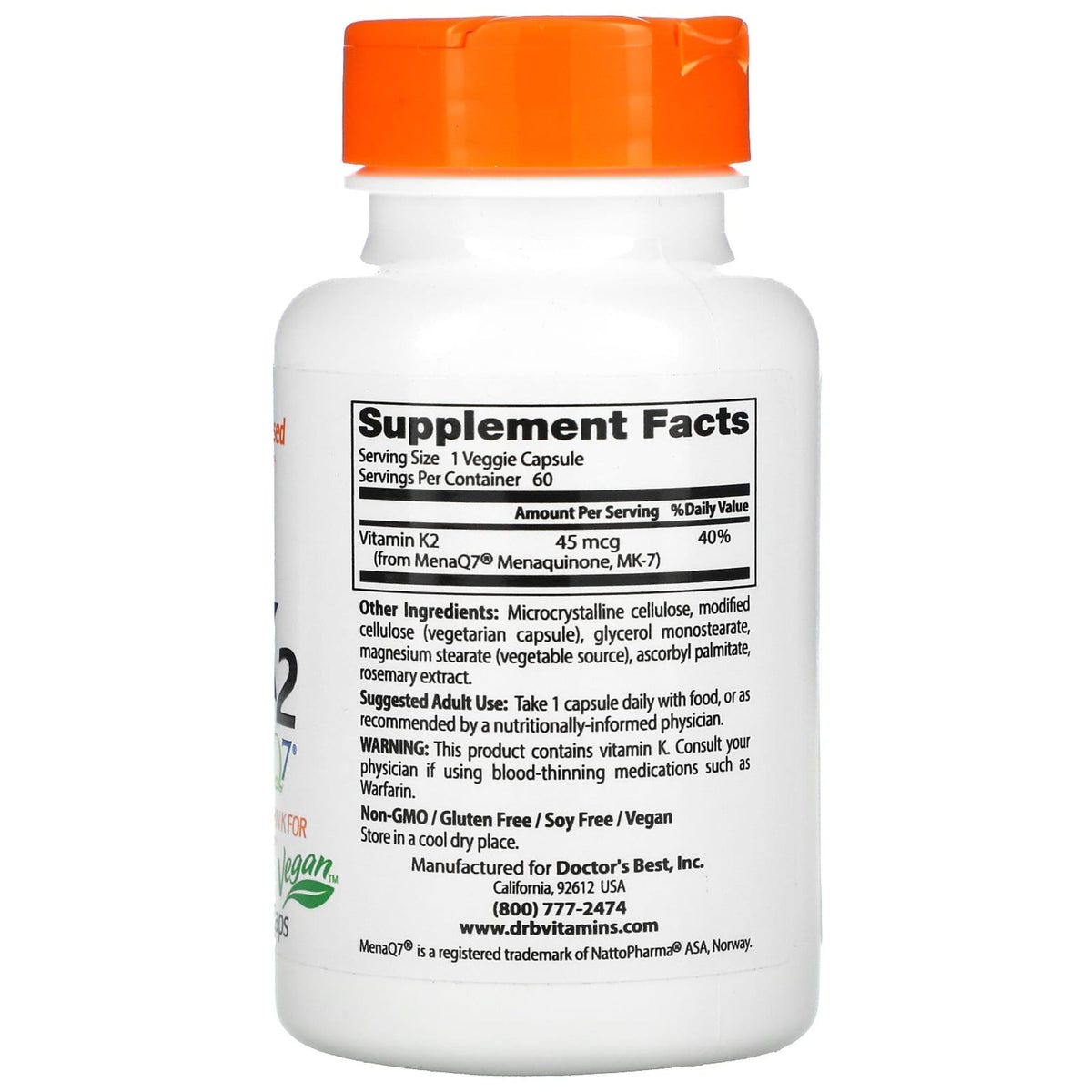 Natural Vitamin K2 MK-7 with MenaQ7 45 mcg by Doctor's Best Vitamins & Supplements Doctor's Best  - Image 2