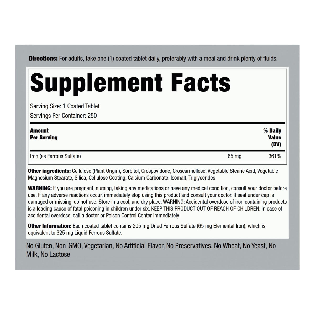 Piping Rock Iron Ferrous Sulfate 65 mg | 250 count | Iron Supplement General Piping Rock  - Image 2