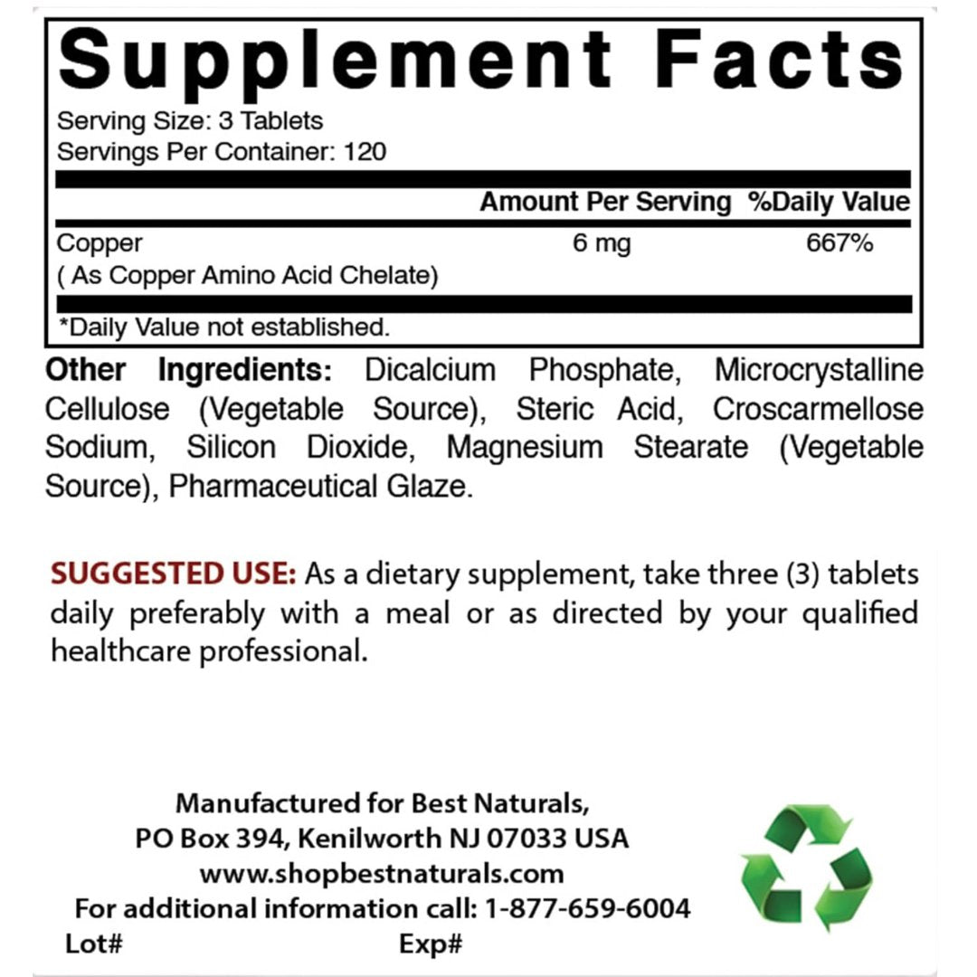 Copper Chelate 6 mg 360 Tablets by Best Naturals Best Naturals 