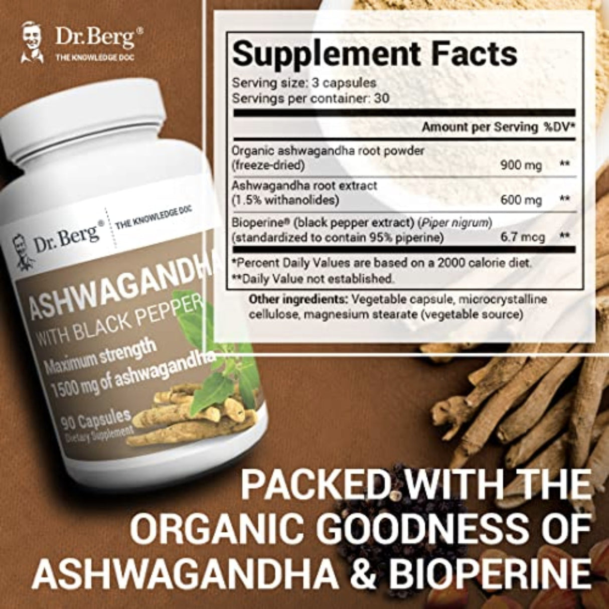 Dr. Berg's Ashwagandha with Black Pepper 1500mg anti stress, adrenal rebuild, SUPPS247 